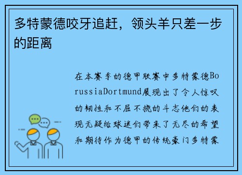 多特蒙德咬牙追赶，领头羊只差一步的距离