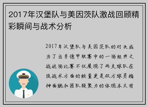 2017年汉堡队与美因茨队激战回顾精彩瞬间与战术分析